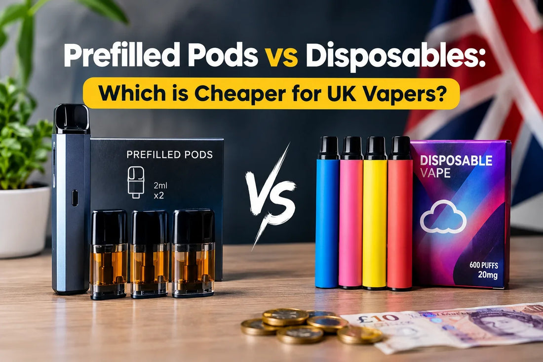 Prefilled pods vs disposable vapes comparison featuring a reusable vape device, colourful disposable vapes, British pound money and a Union Jack background, highlighting which option is cheaper for UK vapers.