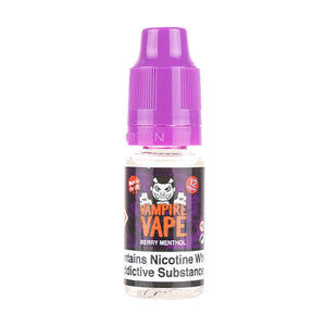 Berry Menthol E-Liquid by Vampire Vape in a small bottle with purple cap, featuring warning labels.