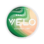 VELO Coconut Lime nicotine pouches packaging with green and orange swirls, featuring the brand logo.