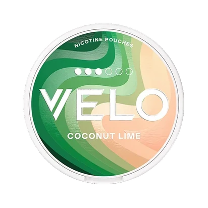 VELO Coconut Lime nicotine pouches packaging with green and orange swirls, featuring the brand logo.