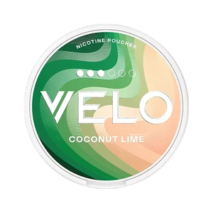 VELO Coconut Lime nicotine pouches packaging with green and orange swirls, featuring the brand logo.