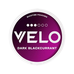 VELO Dark Blackcurrant nicotine pouches in a vibrant purple can, perfect for a bold flavor experience.