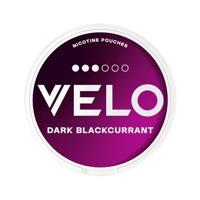 VELO Dark Blackcurrant nicotine pouches in a vibrant purple can, perfect for a bold flavor experience.