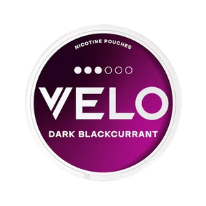 VELO Dark Blackcurrant nicotine pouches in a vibrant purple can, perfect for a bold flavor experience.