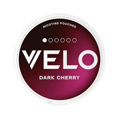 VELO Dark Cherry nicotine pouches packaging featuring a deep cherry color design
