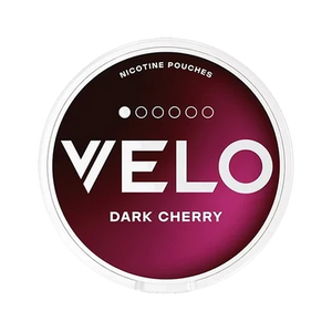 VELO Dark Cherry nicotine pouches packaging featuring a deep cherry color design