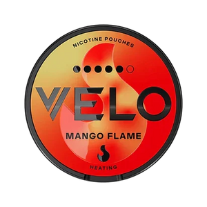 VELO Mango Flame nicotine pouches packaging with vibrant heat design.