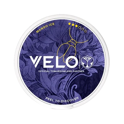 VELO Mango Ice product can with purple floral design and yellow accents, perfect for a refreshing experience.