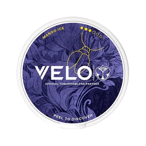 VELO Mango Ice product can with purple floral design and yellow accents, perfect for a refreshing experience.