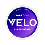 VELO Purple Grape nicotine pouches in a round container with purple branding.