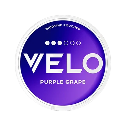 VELO Purple Grape nicotine pouches in a round container with purple branding.