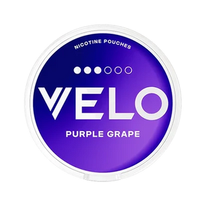 VELO Purple Grape nicotine pouches in a round container with purple branding.