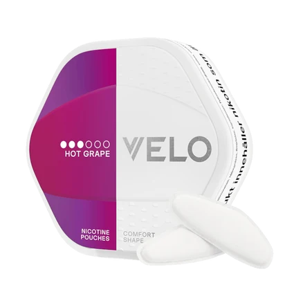 VELO Shift Hot Grape nicotine pouches in comfort shape packaging.