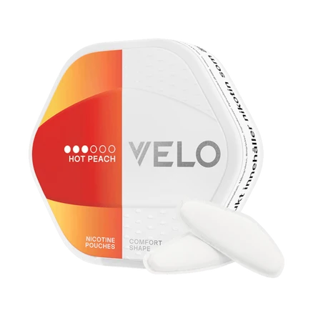 VELO Shift Hot Peach nicotine pouches in a comfort shape packaging.