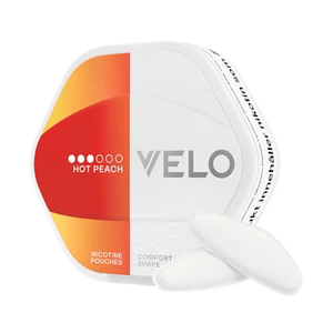 VELO Shift Hot Peach nicotine pouches in a comfort shape packaging.