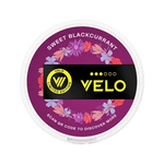 VELO Sweet Blackcurrant Limited Edition product packaging featuring floral design and QR code.