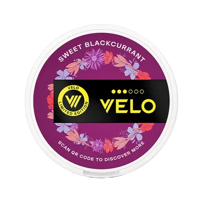 VELO Sweet Blackcurrant Limited Edition product packaging featuring floral design and QR code.