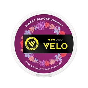 VELO Sweet Blackcurrant Limited Edition product packaging featuring floral design and QR code.