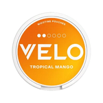 VELO Tropical Mango nicotine pouches in vibrant orange packaging, featuring the brand name prominently.