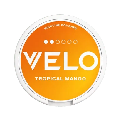 VELO Tropical Mango nicotine pouches in vibrant orange packaging, featuring the brand name prominently.
