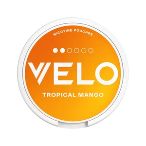 VELO Tropical Mango nicotine pouches in vibrant orange packaging, featuring the brand name prominently.
