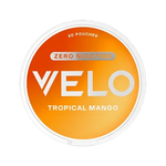 VELO Tropical Mango 0% Nicotine pouch can featuring zero nicotine and tropical flavor.