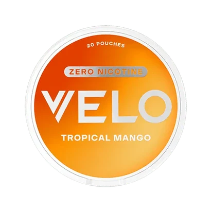VELO Tropical Mango 0% Nicotine pouch can featuring zero nicotine and tropical flavor.