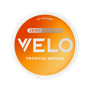 VELO Tropical Mango 0% Nicotine pouch can featuring zero nicotine and tropical flavor.