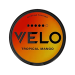 VELO Tropical Mango (Strong) nicotine pouches in vibrant packaging with a tropical theme.