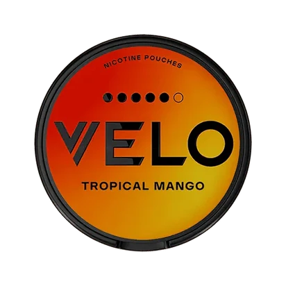 VELO Tropical Mango (Strong) nicotine pouches in vibrant packaging with a tropical theme.