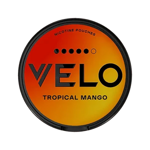 VELO Tropical Mango (Strong) nicotine pouches in vibrant packaging with a tropical theme.