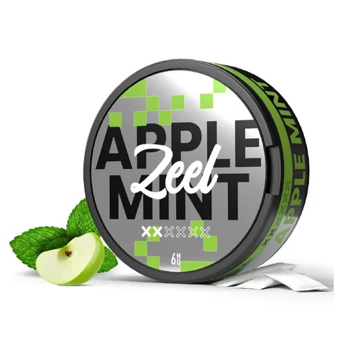 Zeel Apple Mint Nicotine Pouches product packaging with fresh apple and mint leaves