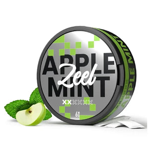 Zeel Apple Mint Nicotine Pouches product packaging with fresh apple and mint leaves