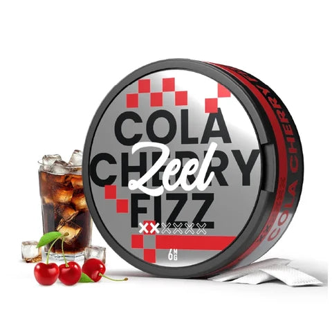 Zeel Cola Cherry Fizz Nicotine Pouches can with cherries and cola drink, perfect for a flavorful experience.