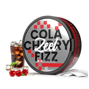 Zeel Cola Cherry Fizz Nicotine Pouches can with cherries and cola drink, perfect for a flavorful experience.