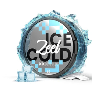 Zeel Ice Cold Nicotine Pouches container with ice cubes, featuring a cool and refreshing design.