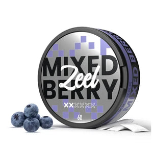 Zeel Mixed Berry Nicotine Pouches can with blueberries on a white background