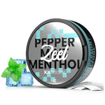 Zeel Peppermint Menthol Nicotine Pouches with mint leaves and ice cubes, showcasing a refreshing flavor.