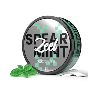 Zeel Spearmint Nicotine Pouches packaging with fresh spearmint leaves for a refreshing experience.