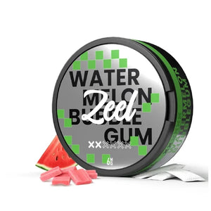 Zeel Watermelon Bubblegum Nicotine Pouches with watermelon slices and bubblegum candy.