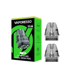 Vaporesso Luxe x 0.6Ω dual mesh pod vape replacement cartridges shown with their green and black retail box on a plain white background.